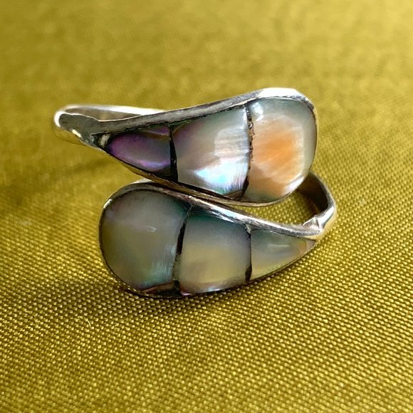 Jewelry - Vintage Mother of Pearl Inlay Ring - Taxco Silver and Initialed -Adjustable